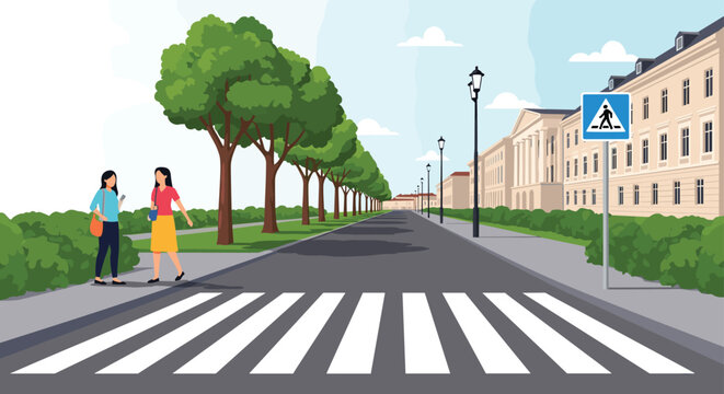 Wide pedestrian zebra crossing on a city street features trees and historic buildings with two women walking.
