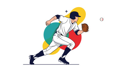 Obraz premium Dynamic baseball player in a white uniform and helmet runs across the field to catch a flying ball with his glove.