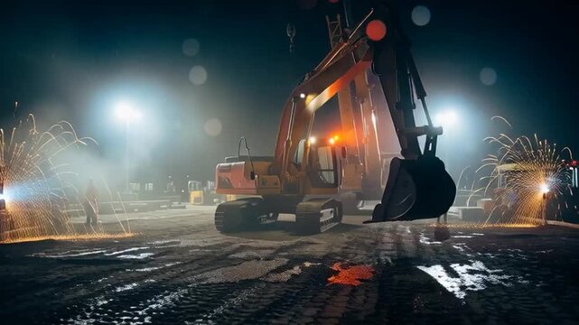 night construction site with workers and excavator