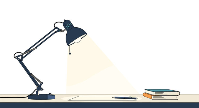 Blue desk lamp illuminating a workspace with notebook and pen alongside stack of books in minimalist flat illustration style.