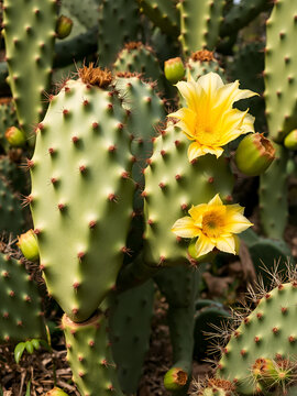 Vertical video of huge Opuntia cactus with green fruits and flowers, edible prickly pear in Mediterranean garden, tropical flora and glochids