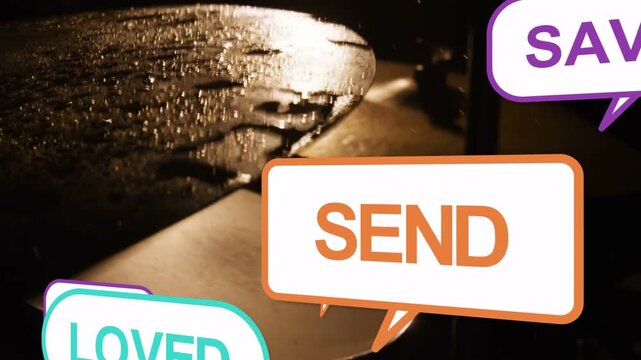 Drum cymbals glinting in studio, SEND bubble sliding in, piling social bubbles boosting music reach