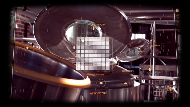 Camera panning and zooming, HUD grid scanning over steel hatch, analyzing brewery equipment