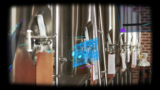 Camera panning right, tanks moving into focus in brewery, HUD centering over manway showing valves