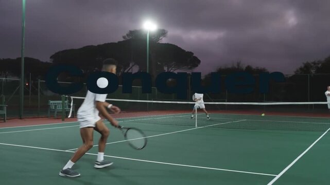 Player serving dusk tennis court, rallying, pair celebrating win with red Conquer text over players