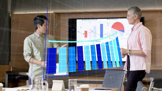 Co-presenters gesturing, causing 3D bars expanding while pointing pie, explaining business trends