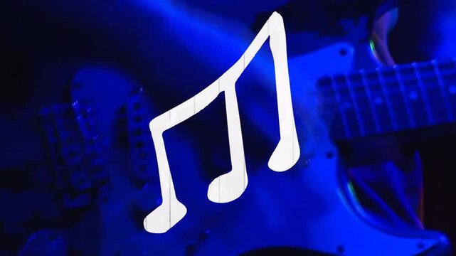 Downstroke starting arm playing guitar, lights shifting purple, white note overlay showing rhythm