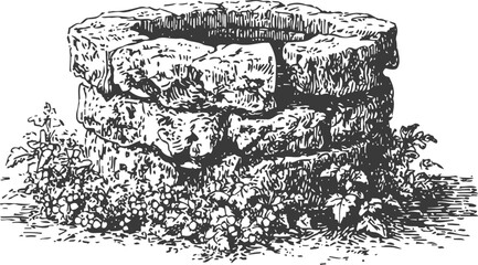 Obraz premium Old stone well with plants growing around vintage hand drawn garden water source illustration
