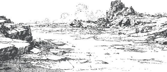 Fototapeta premium detailed ink sketch of rocky mountain landscape with cliffs, water body, and distant hills