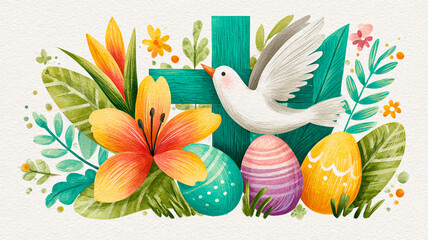 Catholic Easter card. Lilies, a golden cross, a dove and Easter colored eggs. Tex Feliz Pascoa.