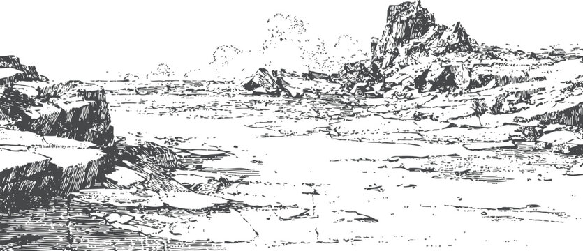 detailed ink sketch of rocky mountain landscape with cliffs, water body, and distant hills