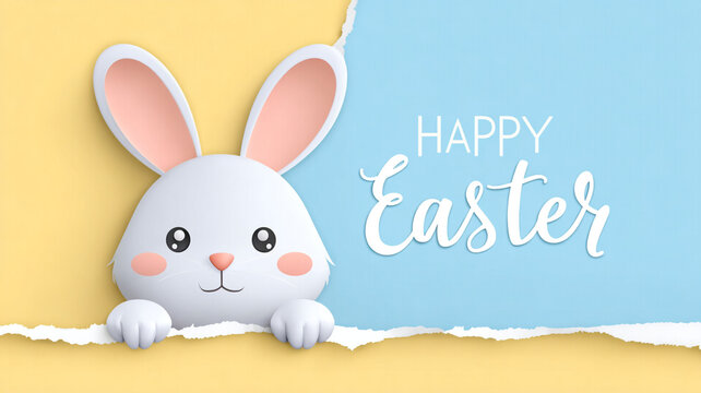 Cartoon colored Easter card. A cute rabbit peeks out of a piece of paper and says "Happy Easter!"