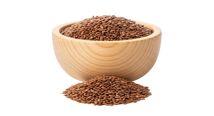 Brown flax seeds in a wooden bowl on transparent background