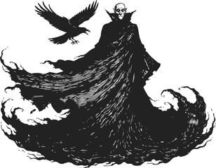 Fototapeta premium Dark vampire figure with flowing cloak and flying raven, gothic horror vampire silhouette