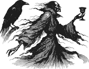 Fototapeta premium Dark ghostly figure with flowing robes holding a goblet and a perched raven on the arm