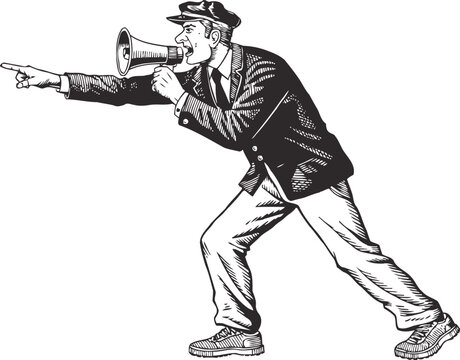 Vintage man shouting through megaphone and pointing finger, retro communication expression