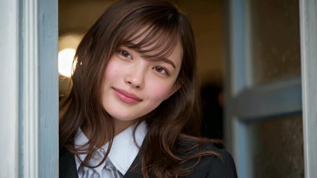 ドア越しに照れながら髪を耳にかける恋する女子高校生の笑顔