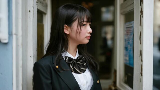 緊張した様子で辺りを見回し会釈する制服の女子高校生