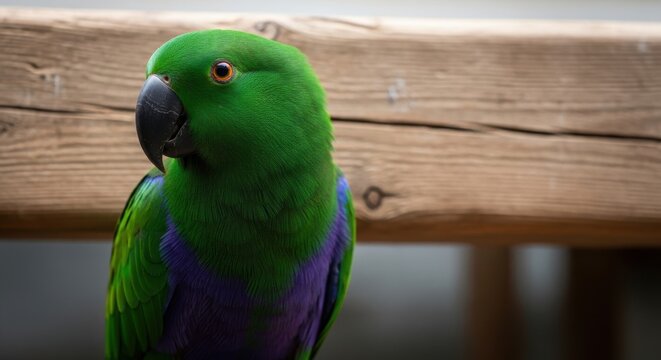 Vibrant Emerald Green Eclectus Parrot With Striking Purple Plumage Perched On Wooden Surface