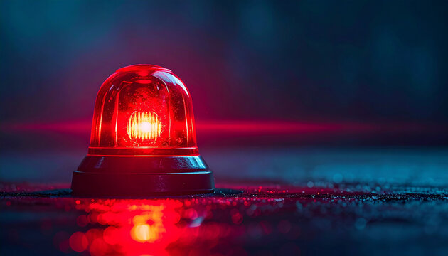 Single red siren light on dark background, glowing intensely, emergency concept, minimal design with copy space.