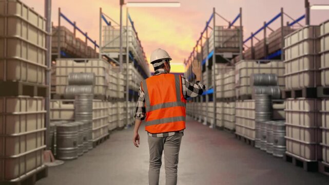 Back of Asian Male Engineer Waving Hand Saying Bye While Walking at Warehouse with Stacked Chemical IBC Containers and Barrels at Sunset