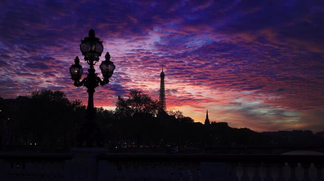 Paris Eiffel Tower in France at sunset late at night