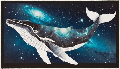 Fototapeta premium A whale swims through a cosmic scene, merging with the stars and galaxies. The whale features intricate details, highlighting the beauty of the ocean and space.