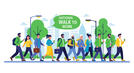 Diverse people walking to work on city street, National Walk to Work Day concept © Deni