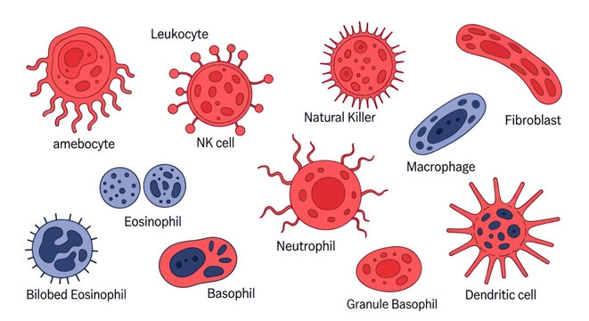 Diverse Human Blood Cells and Immune System Components - Medical Illustration