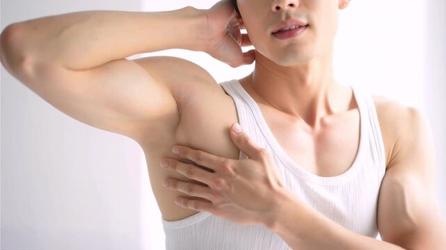 脱毛後の脇を触って笑顔になる清潔感のある筋肉質な若い男性のクローズアップ　メンズ脱毛・ボディケア