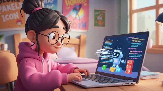3D Girl Celebrating Successful Coding Project on Laptop