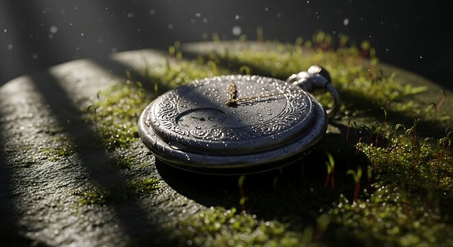Old pocket watch on mossy surface.