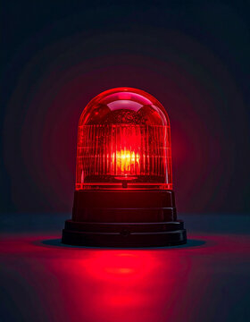 Single red siren light on dark background, glowing intensely, emergency concept, minimal design with copy space.