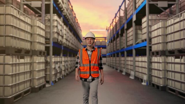 Front View of Asian Male Engineer Walking at Warehouse with Stacked Chemical IBC Containers and Barrels at Sunset