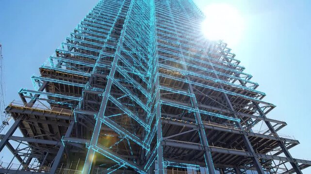 Skyward Rise: A modern skyscraper rises majestically against a bright sky, its intricate framework a testament to human innovation and architectural grandeur. 