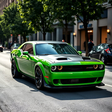 Green Dodge challenger hellcat car on the street