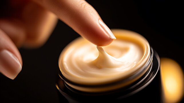 Natural Beauty Cream Close-up: Finger Touch Luxury Skincare Product in a Jar. Concept of Hydration, Rejuvenation, and Healthy Skin Care Routine