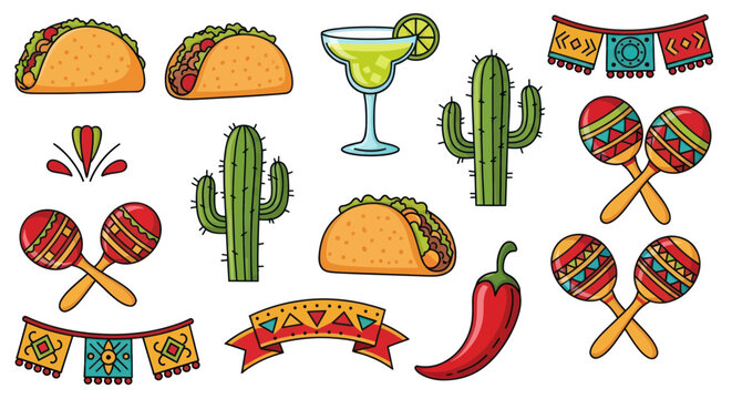 Mexican Fiesta Elements: Tacos, Cacti, Maracas, Margarita, Chili, Banners