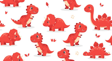 Cute Red Dinosaurs Seamless Pattern, Cartoon Style, Kids Illustration © din