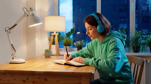 Young woman studying at desk with headphones