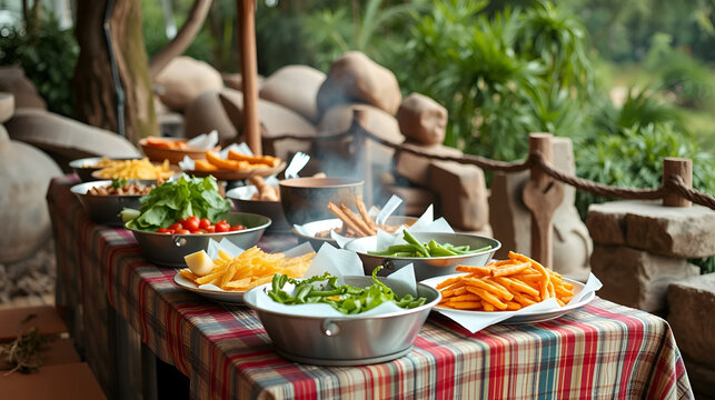 mesas preparadas para comer muchos comensales al aire libre