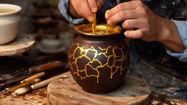Potter decorating a ceramic vase with gold