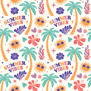Summertime seamless pattern with palm trees, smiling suns, flowers and summer vibes text. Retro tropical background
