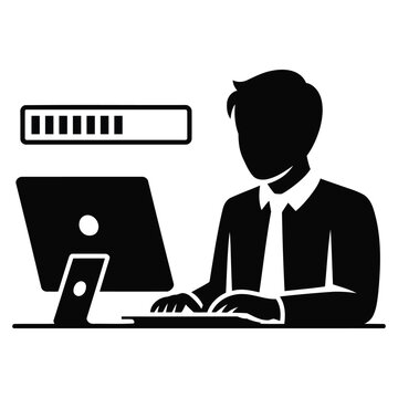 Work completion vector .eps showing man working on laptop with progress bar task finishing concept productivity and project completion in modern silhouette illustration style