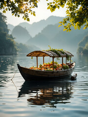 Obraz premium A small boat peacefully floating on a body of water, surrounded by nature and tranquility, A serene and tranquil scene of a sushi boat floating on a peaceful sea of soy sauce