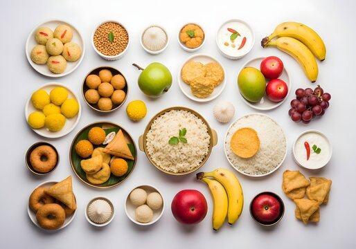 Top View  Assorted Hindu Prasadam: Sweets, fruits, and snacks offered on a white background.