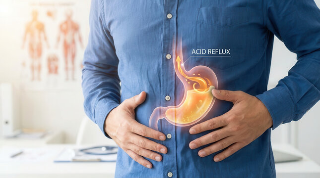Acid reflux stomach pain digestive health male adult illness gerd man holding stomach showing acid reflux and gerd symptom with digestive health issue in bright medical clinic background