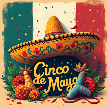 Cinco de Mayo Festive Poster with Mexican Sombrero Flowers and Traditional Decorations