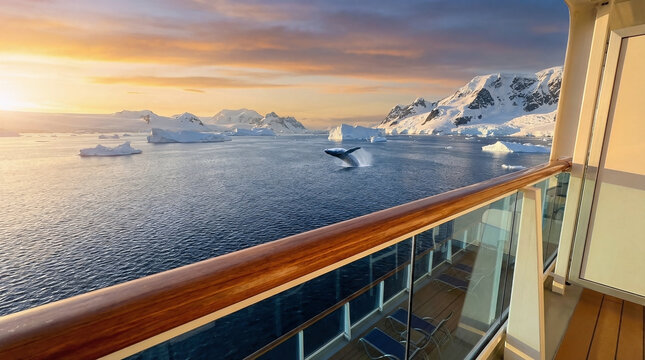 Humpback whale breaching viewed from luxury cruise ship balcony at sunset