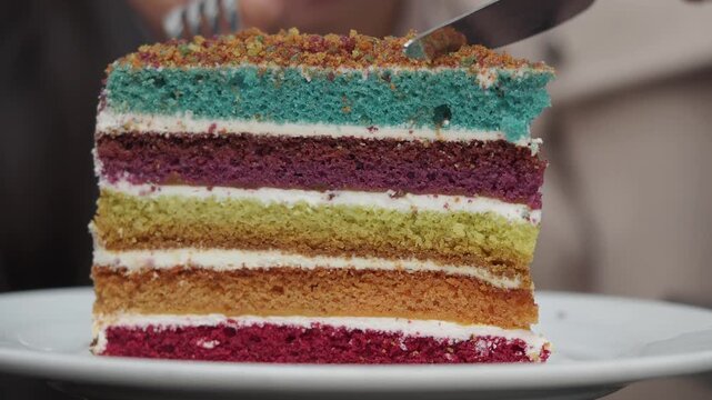 Woman cutting slice of colorful rainbow sponge cake with knife and fork on white plate in close up view